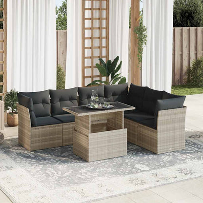 7-tlg. Garten-Sofagarnitur mit Kissen Hellgrau Poly Rattan