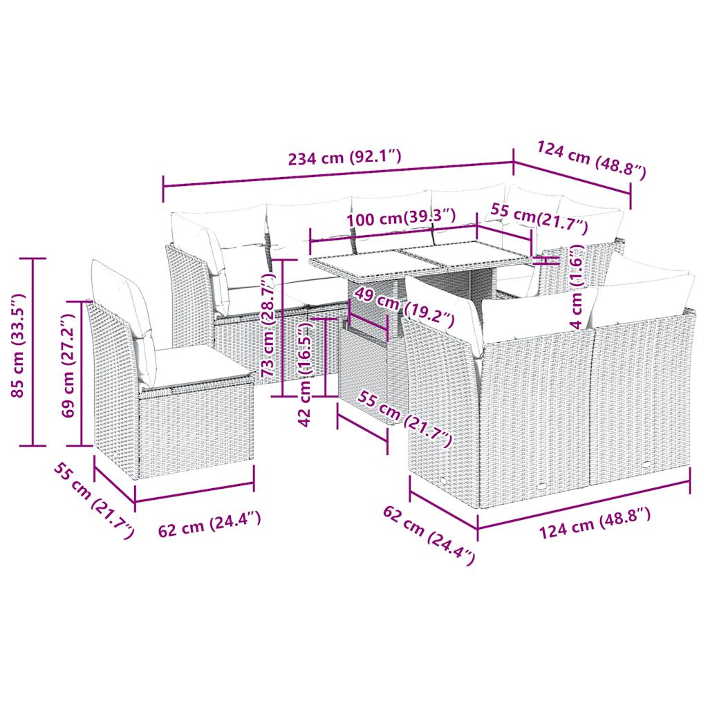 9-tlg. Garten-Sofagarnitur mit Kissen Schwarz Poly Rattan