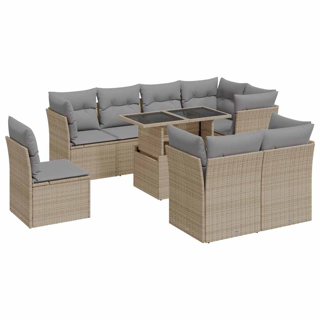 9-tlg. Garten-Sofagarnitur mit Kissen Beige Poly Rattan