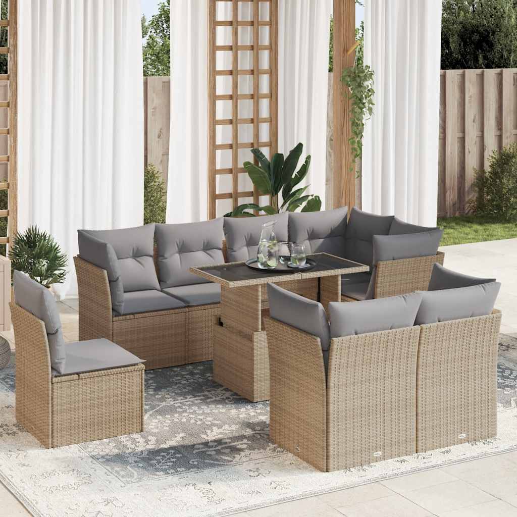 9-tlg. Garten-Sofagarnitur mit Kissen Beige Poly Rattan