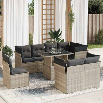 9-tlg. Garten-Sofagarnitur mit Kissen Hellgrau Poly Rattan