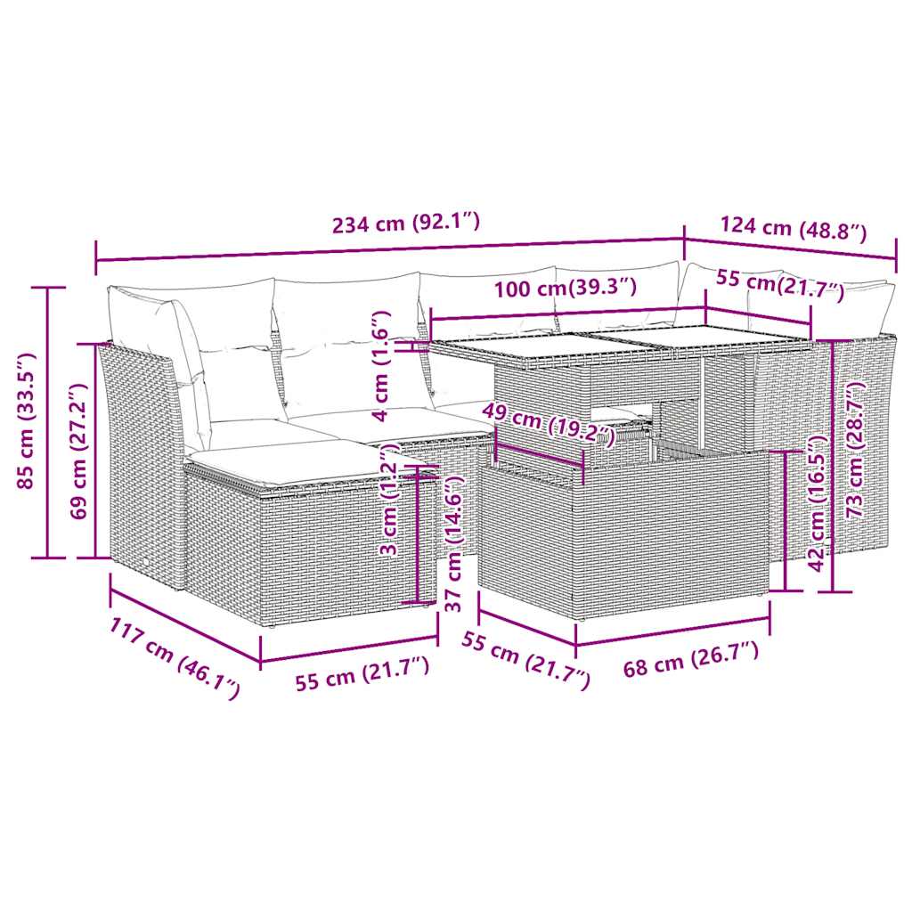 7-tlg. Garten-Sofagarnitur mit Kissen Beige Poly Rattan