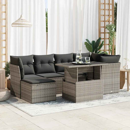 7-tlg. Garten-Sofagarnitur mit Kissen Grau Poly Rattan