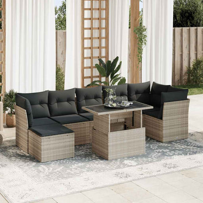 8-tlg. Garten-Sofagarnitur mit Kissen Hellgrau Poly Rattan