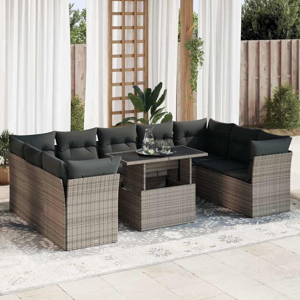 10-tlg. Garten-Sofagarnitur mit Kissen Grau Poly Rattan