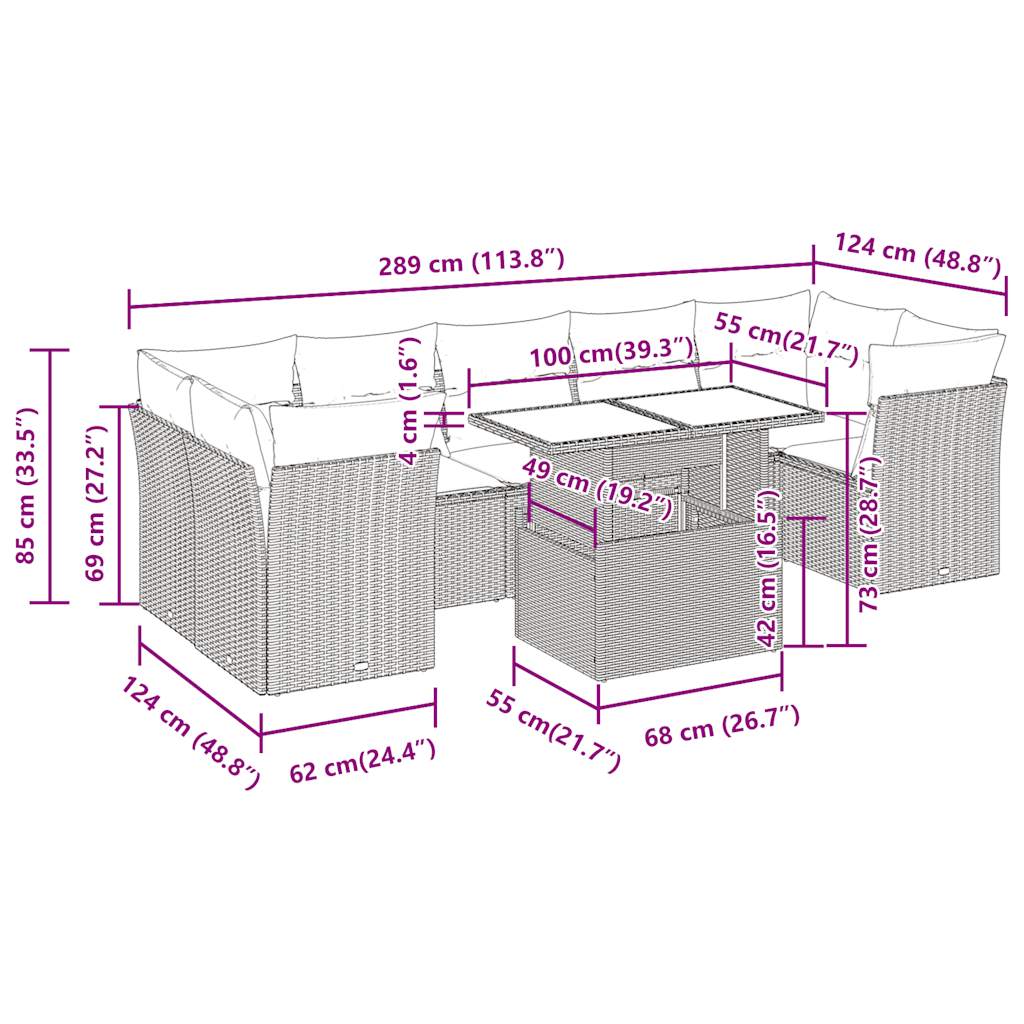 10-tlg. Garten-Sofagarnitur mit Kissen Hellgrau Poly Rattan