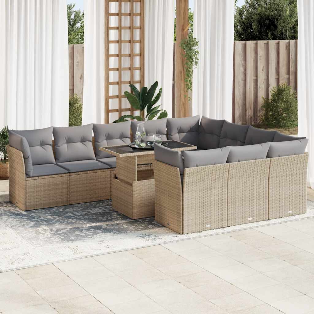 11-tlg. Garten-Sofagarnitur mit Kissen Beige Poly Rattan