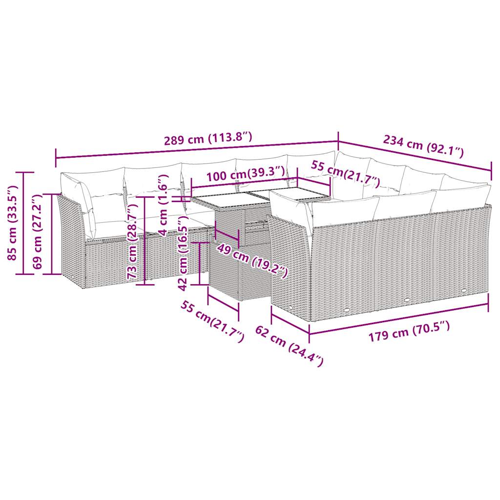 11-tlg. Garten-Sofagarnitur mit Kissen Grau Poly Rattan