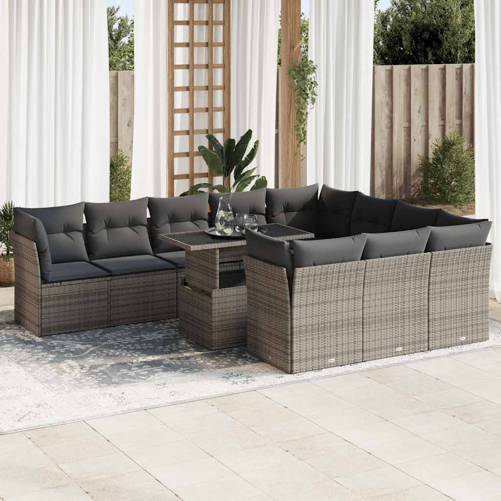 11-tlg. Garten-Sofagarnitur mit Kissen Grau Poly Rattan