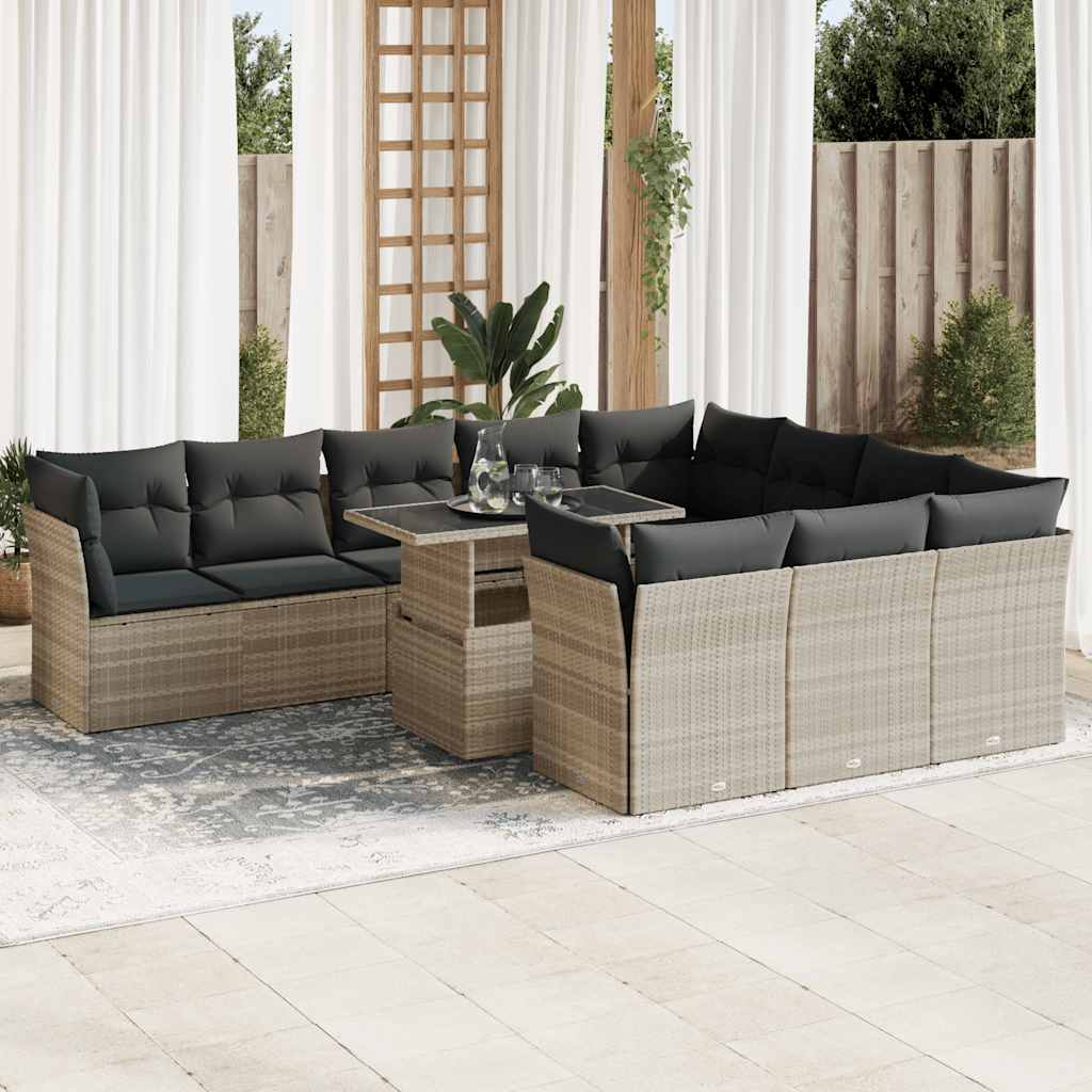 11-tlg. Garten-Sofagarnitur mit Kissen Hellgrau Poly Rattan