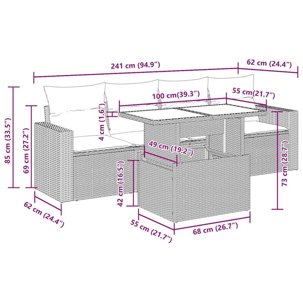 5-tlg. Garten-Sofagarnitur mit Kissen Beige Poly Rattan