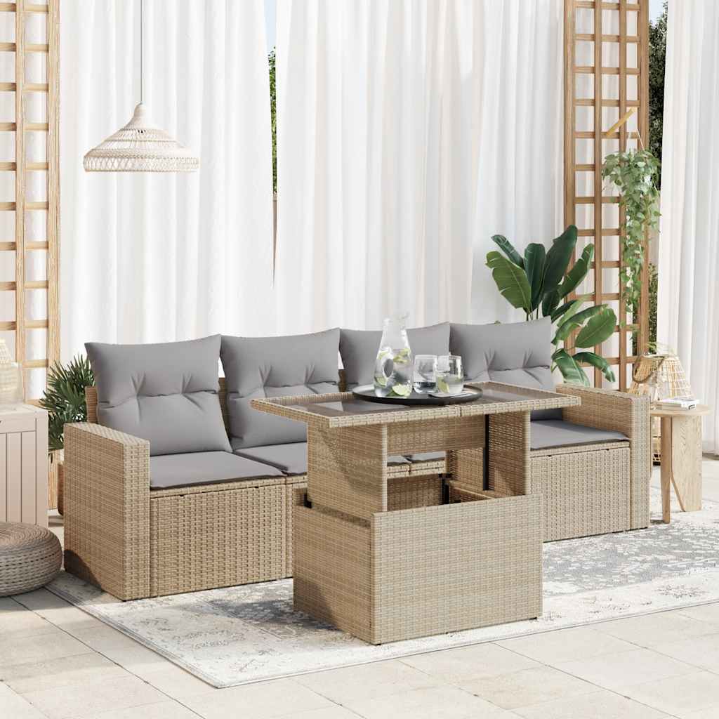 5-tlg. Garten-Sofagarnitur mit Kissen Beige Poly Rattan