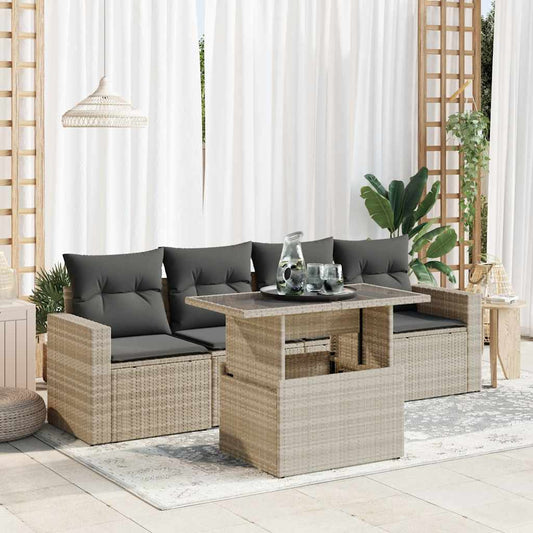 5-tlg. Garten-Sofagarnitur mit Kissen Hellgrau Poly Rattan