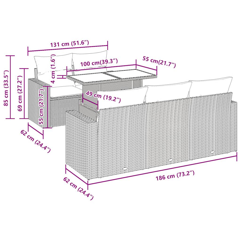 6-tlg. Garten-Sofagarnitur mit Kissen Grau Poly Rattan