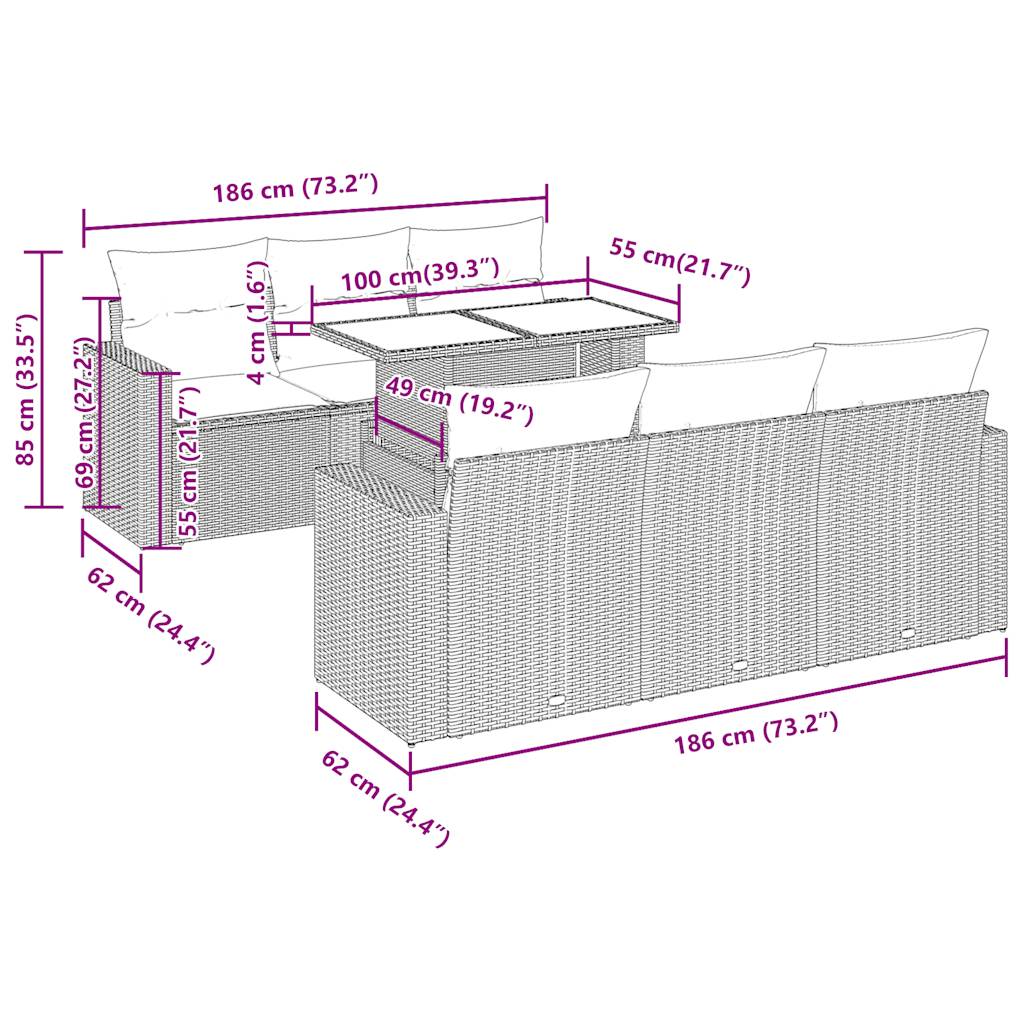 7-tlg. Garten-Sofagarnitur mit Kissen Schwarz Poly Rattan