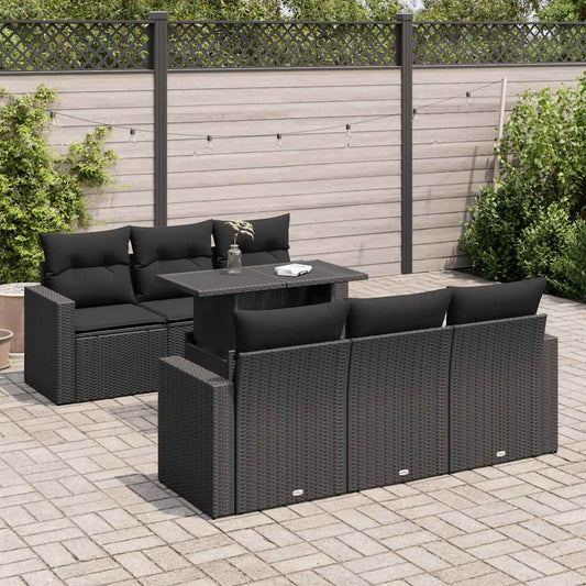 7-tlg. Garten-Sofagarnitur mit Kissen Schwarz Poly Rattan