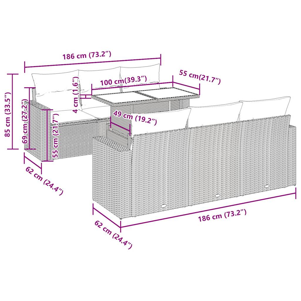 7-tlg. Garten-Sofagarnitur mit Kissen Hellgrau Poly Rattan