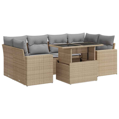 7-tlg. Garten-Sofagarnitur mit Kissen Beige Poly Rattan