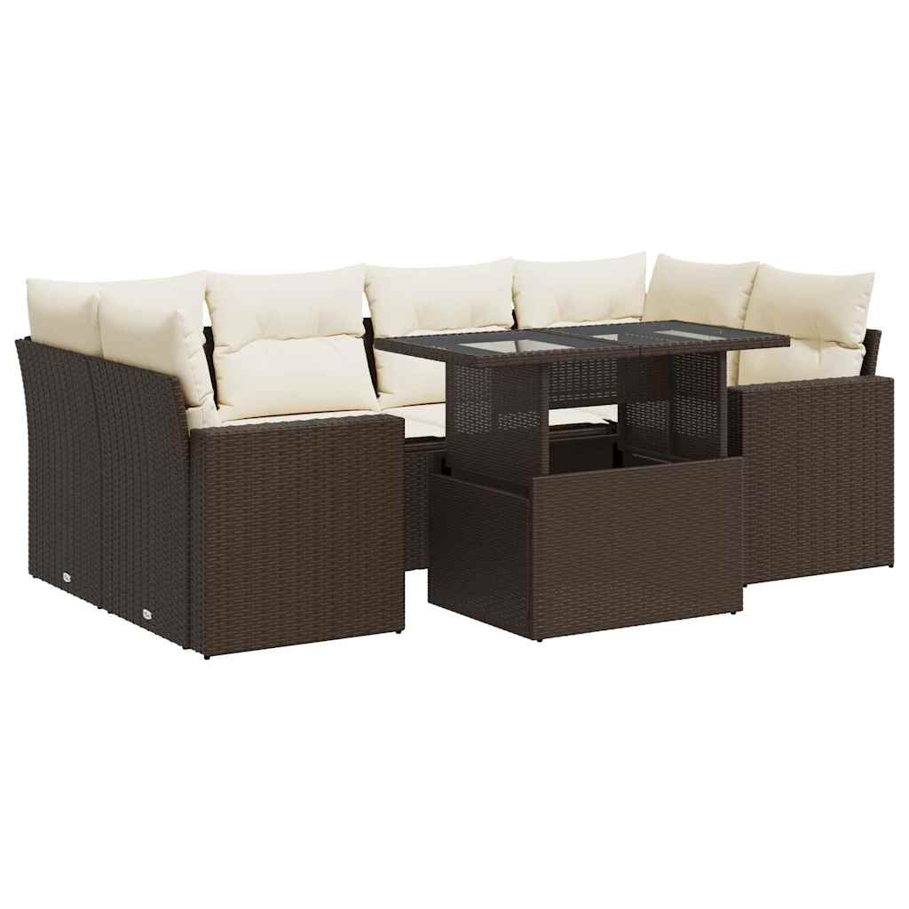 7-tlg. Garten-Sofagarnitur mit Kissen Braun Poly Rattan