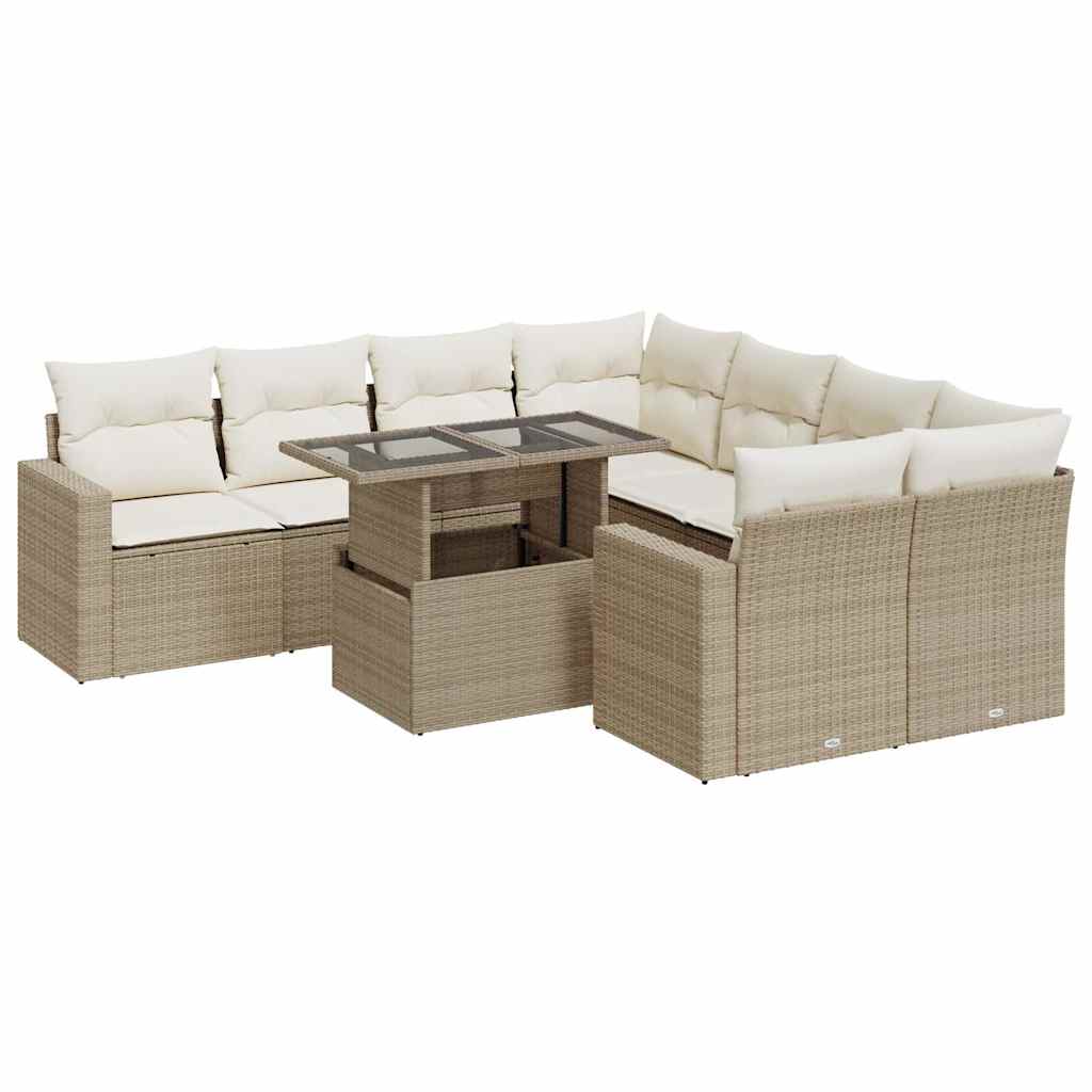 9-tlg. Garten-Sofagarnitur mit Kissen Beige Poly Rattan