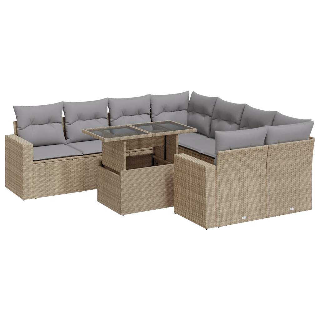 9-tlg. Garten-Sofagarnitur mit Kissen Beige Poly Rattan