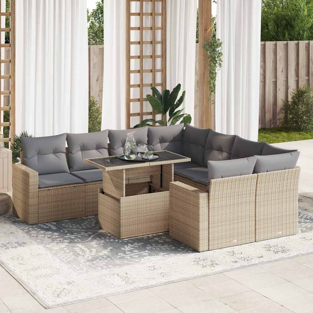 9-tlg. Garten-Sofagarnitur mit Kissen Beige Poly Rattan