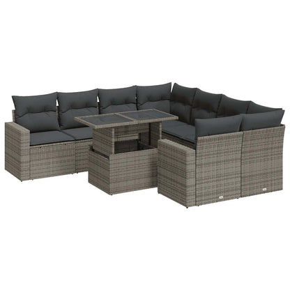 9-tlg. Garten-Sofagarnitur mit Kissen Grau Poly Rattan