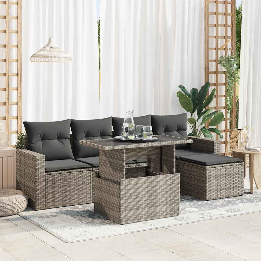 6-tlg. Garten-Sofagarnitur mit Kissen Grau Poly Rattan