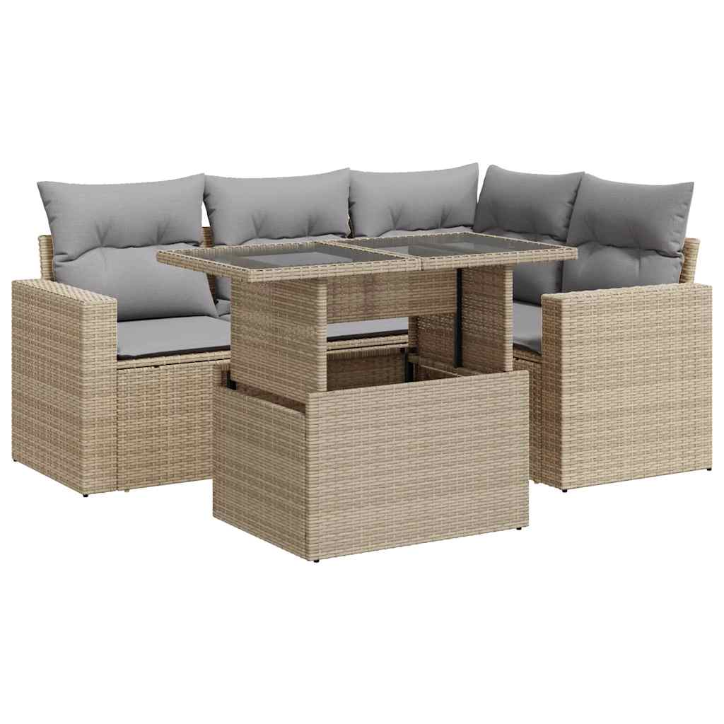 5-tlg. Garten-Sofagarnitur mit Kissen Beige Poly Rattan