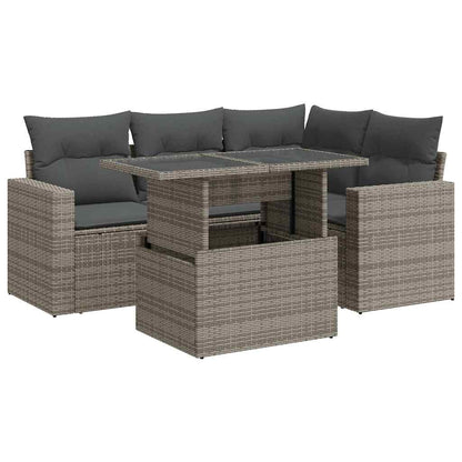 5-tlg. Garten-Sofagarnitur mit Kissen Grau Poly Rattan