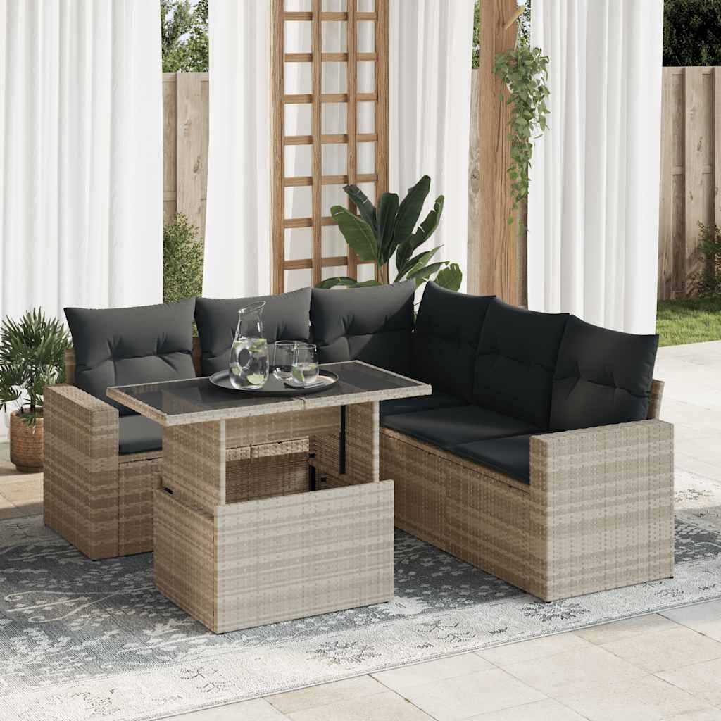 6-tlg. Garten-Sofagarnitur mit Kissen Hellgrau Poly Rattan