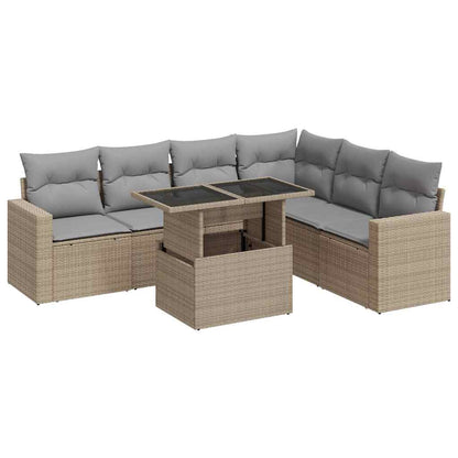 7-tlg. Garten-Sofagarnitur mit Kissen Beige Poly Rattan