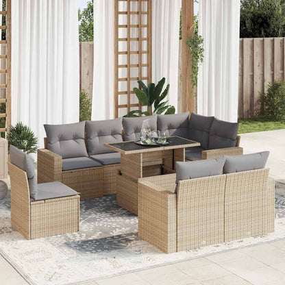 9-tlg. Garten-Sofagarnitur mit Kissen Beige Poly Rattan