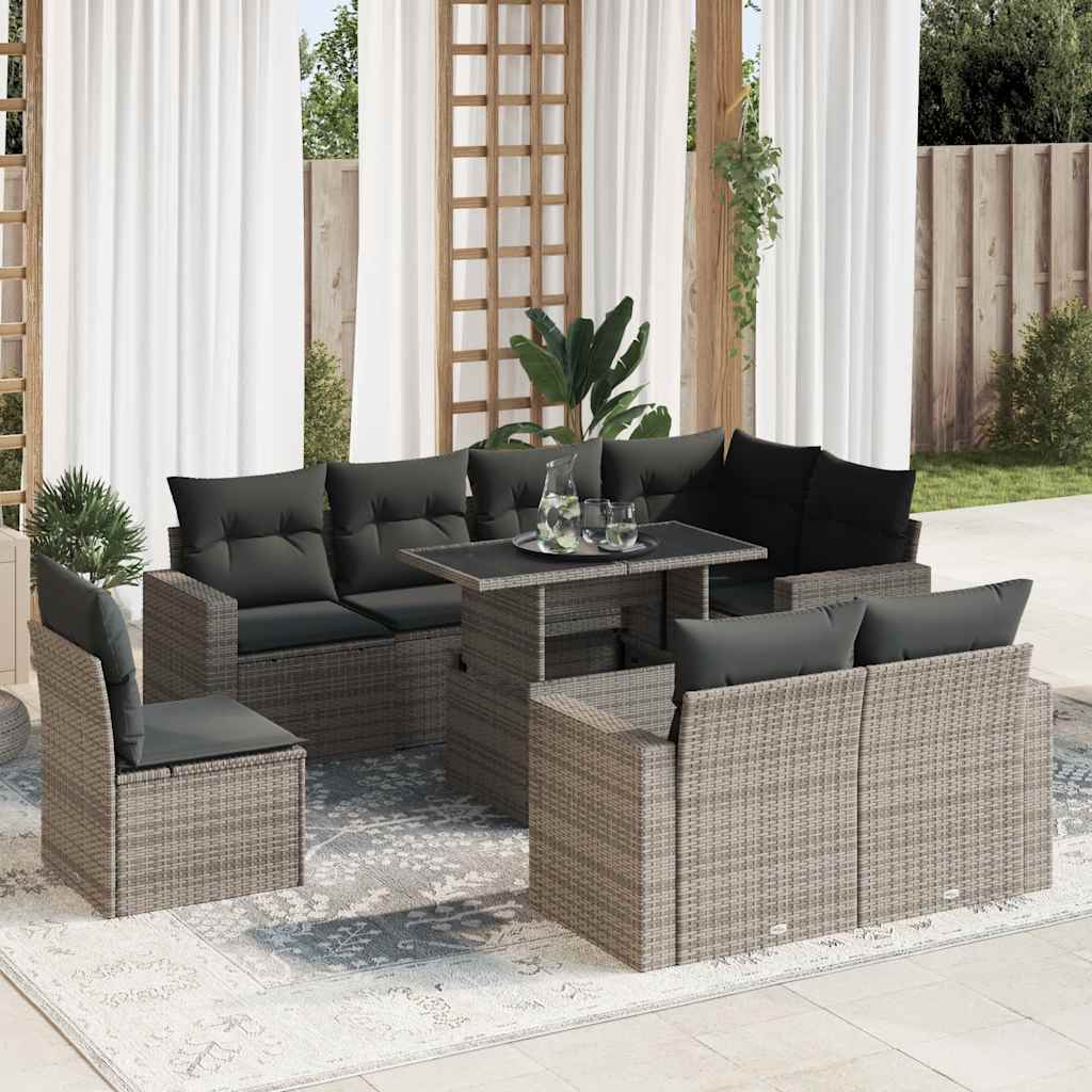 9-tlg. Garten-Sofagarnitur mit Kissen Grau Poly Rattan