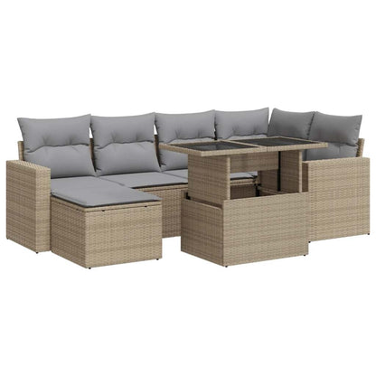 7-tlg. Garten-Sofagarnitur mit Kissen Beige Poly Rattan