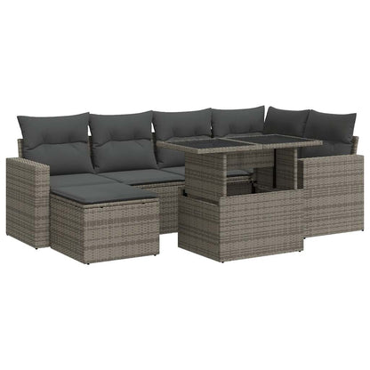 7-tlg. Garten-Sofagarnitur mit Kissen Grau Poly Rattan