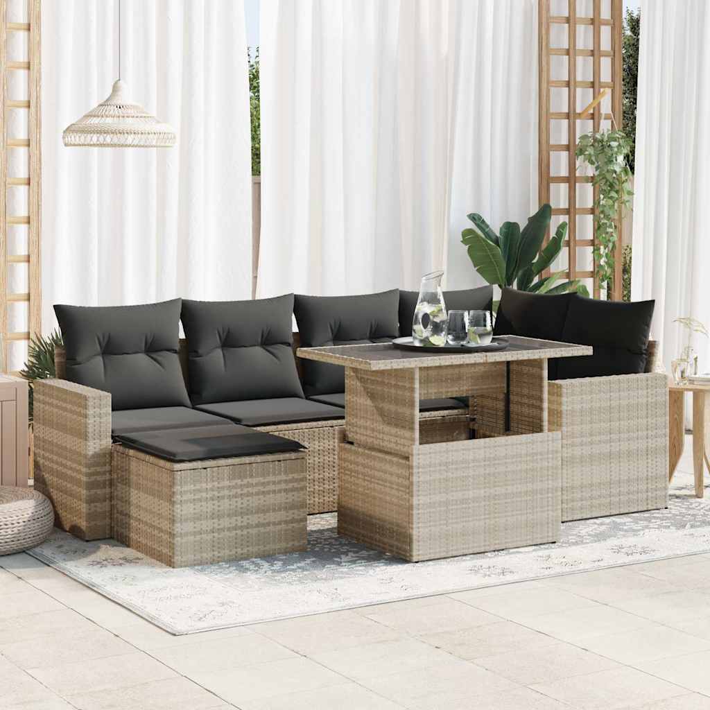 7-tlg. Garten-Sofagarnitur mit Kissen Hellgrau Poly Rattan