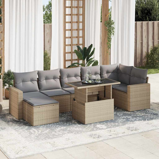 8-tlg. Garten-Sofagarnitur mit Kissen Beige Poly Rattan