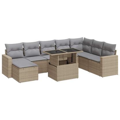 9-tlg. Garten-Sofagarnitur mit Kissen Beige Poly Rattan