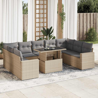 10-tlg. Garten-Sofagarnitur mit Kissen Beige Poly Rattan