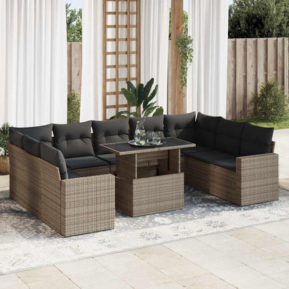 10-tlg. Garten-Sofagarnitur mit Kissen Grau Poly Rattan