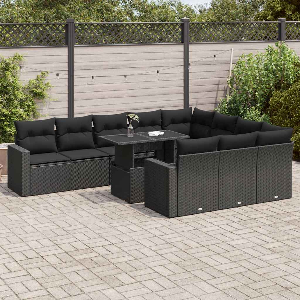 11-tlg. Garten-Sofagarnitur mit Kissen Schwarz Poly Rattan