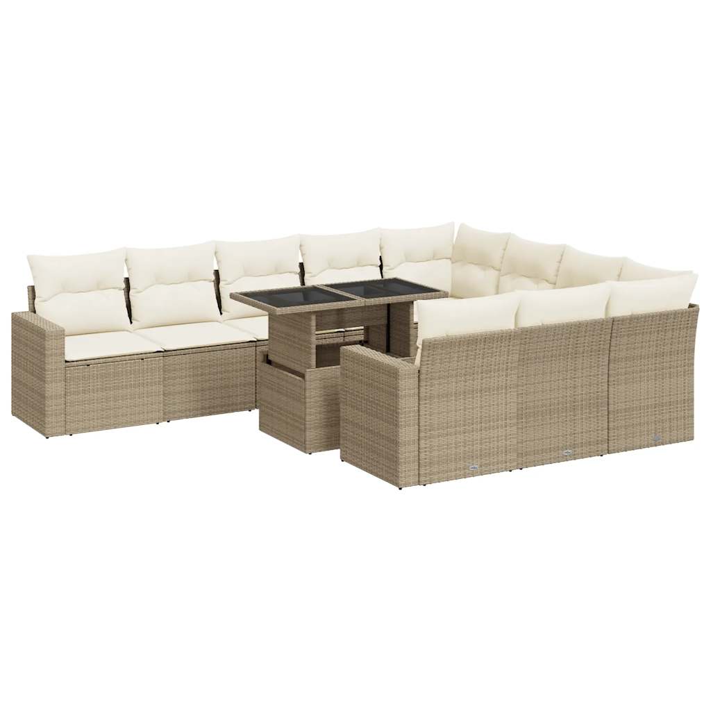 11-tlg. Garten-Sofagarnitur mit Kissen Beige Poly Rattan