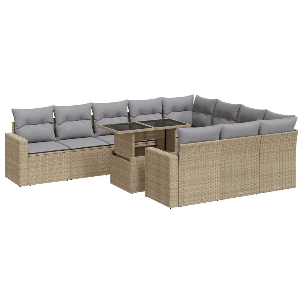 11-tlg. Garten-Sofagarnitur mit Kissen Beige Poly Rattan