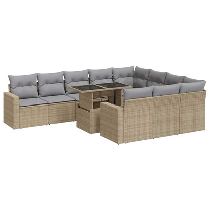 11-tlg. Garten-Sofagarnitur mit Kissen Beige Poly Rattan