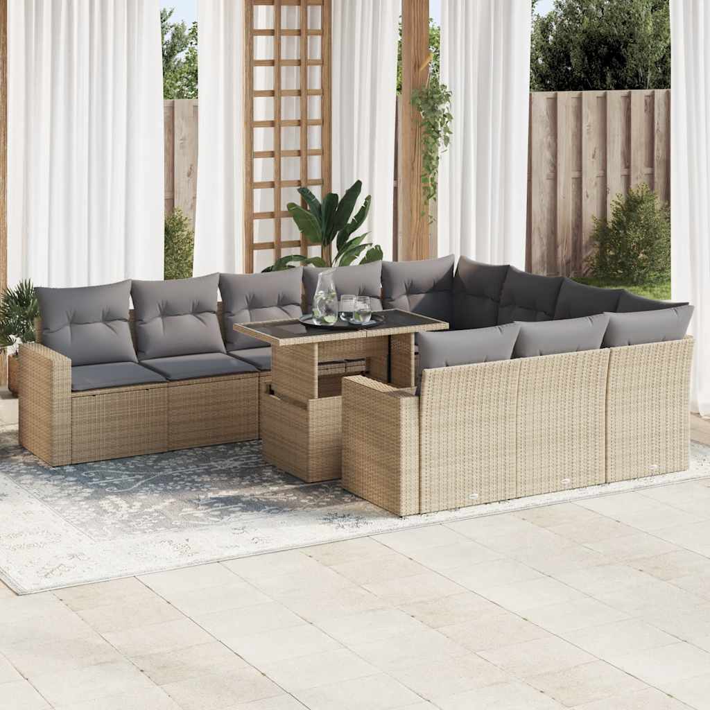 11-tlg. Garten-Sofagarnitur mit Kissen Beige Poly Rattan