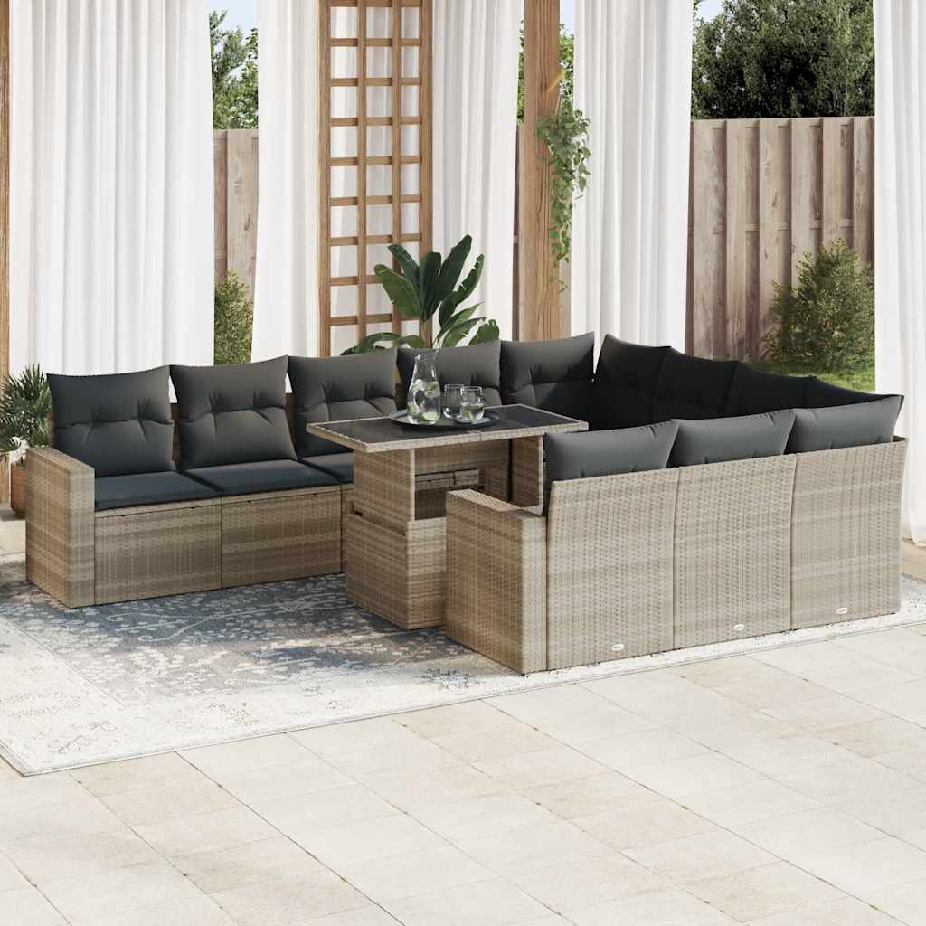 11-tlg. Garten-Sofagarnitur mit Kissen Hellgrau Poly Rattan