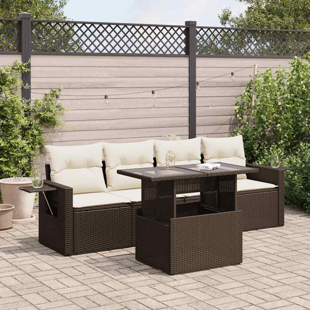 5-tlg. Garten-Sofagarnitur mit Kissen Braun Poly Rattan