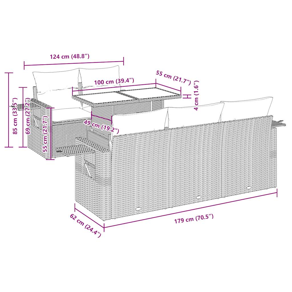 6-tlg. Garten-Sofagarnitur mit Kissen Hellgrau Poly Rattan