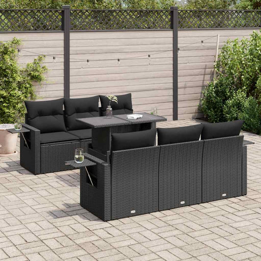 7-tlg. Garten-Sofagarnitur mit Kissen Schwarz Poly Rattan